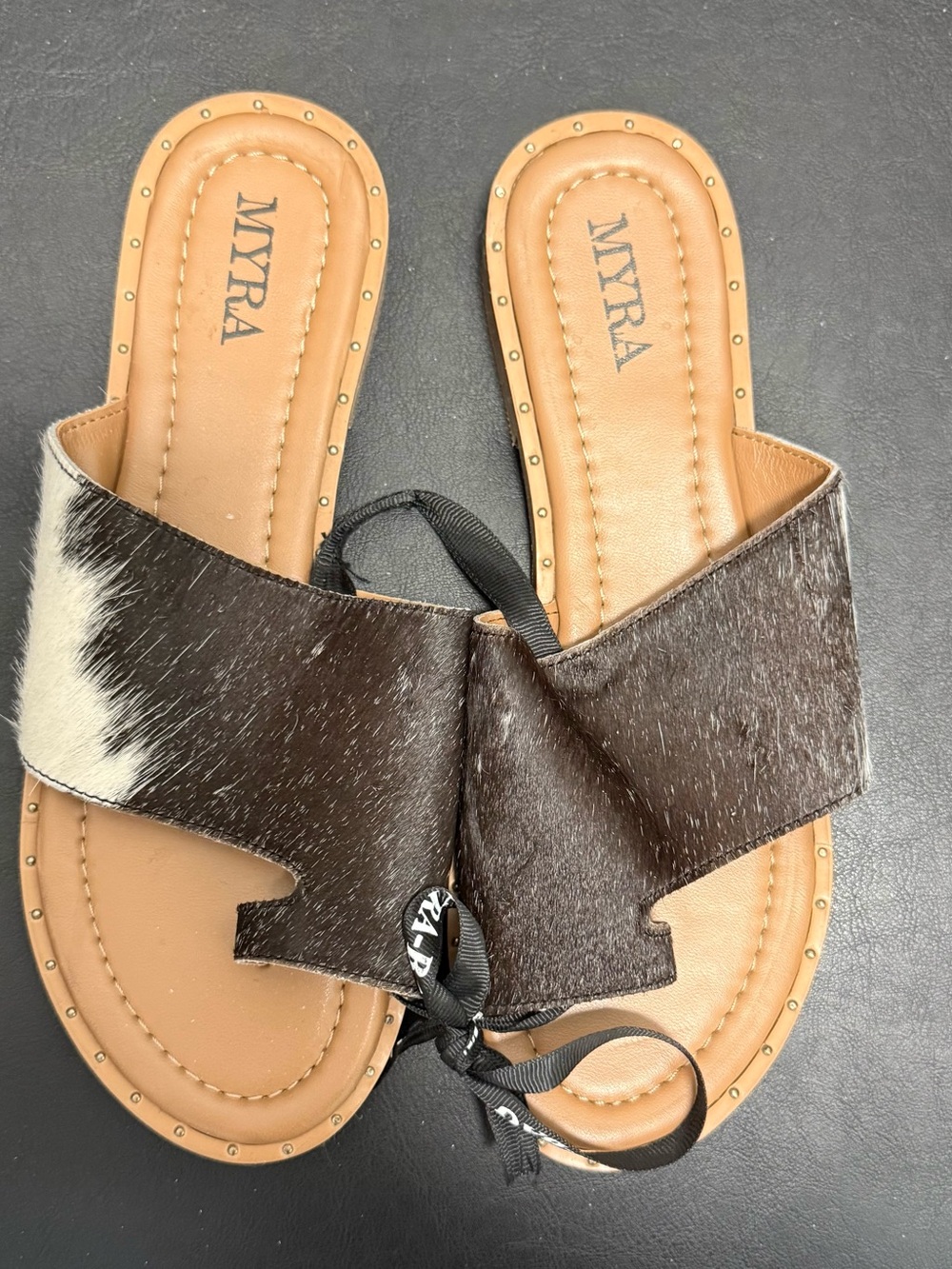 Myra Bag Brown & White Haircalf Slide Sandals